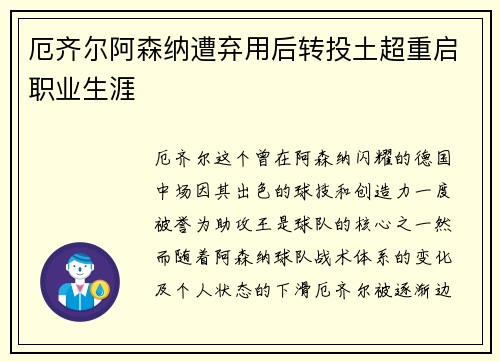 厄齐尔阿森纳遭弃用后转投土超重启职业生涯